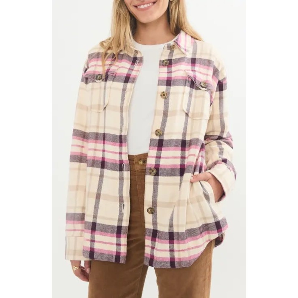 Marine Layer Plaid Flannel Shirt Jacket Cream Purple Pink Cotton XS